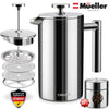 Mueller French Press 20% Heavier Duty Double Insulated 310 Stainless Steel Coffee Maker Multi-Screen System 100% No Coffee Grounds Guarantee, Rust-Free, Dishwasher Safe