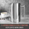 Mueller French Press 20% Heavier Duty Double Insulated 310 Stainless Steel Coffee Maker Multi-Screen System 100% No Coffee Grounds Guarantee, Rust-Free, Dishwasher Safe