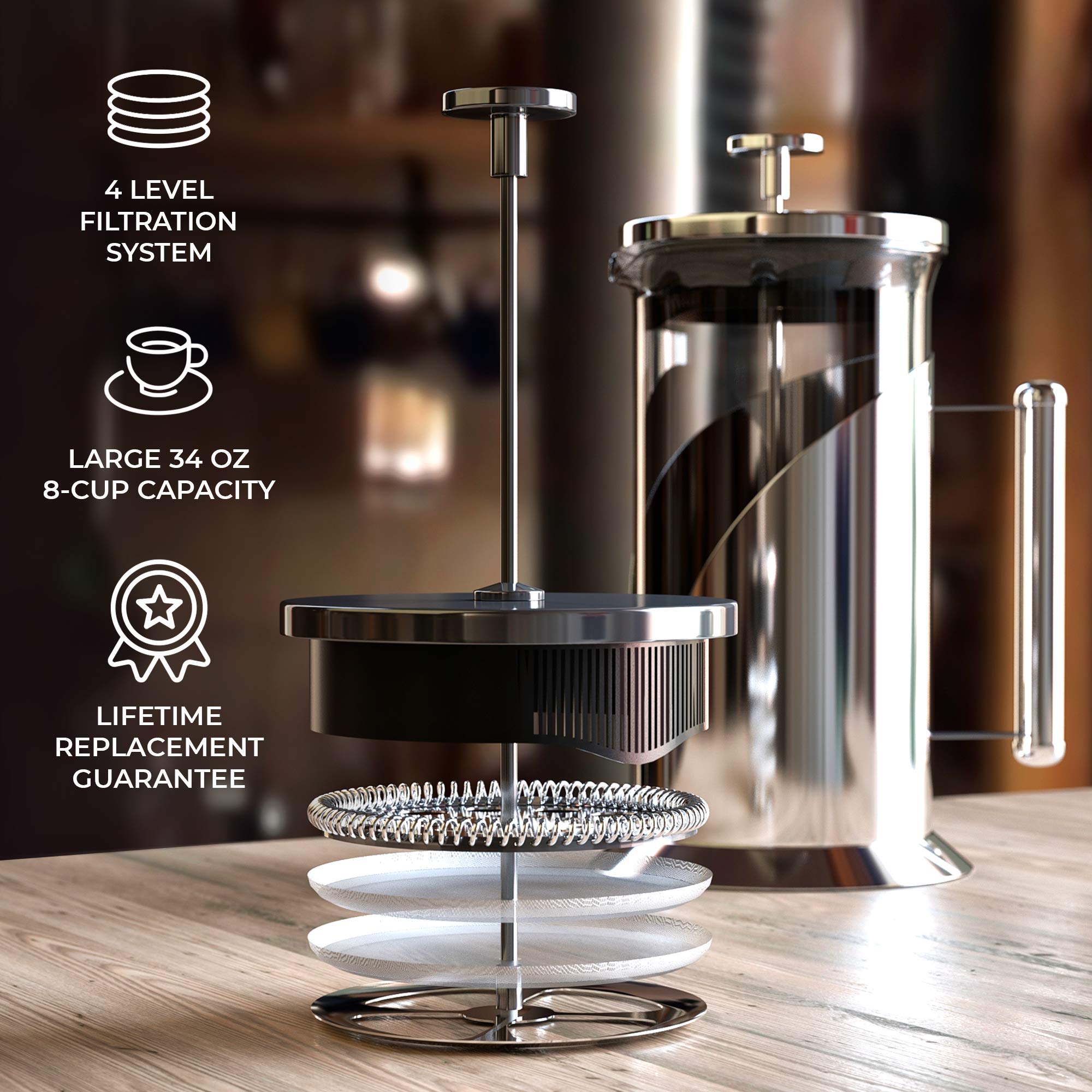 Cafe Du Chateau French Press Coffee Maker, Brews Coffee and Tea, Heat  Resistant Glass with 4 Level Filtration System, Stainless Steel Housing,  Large
